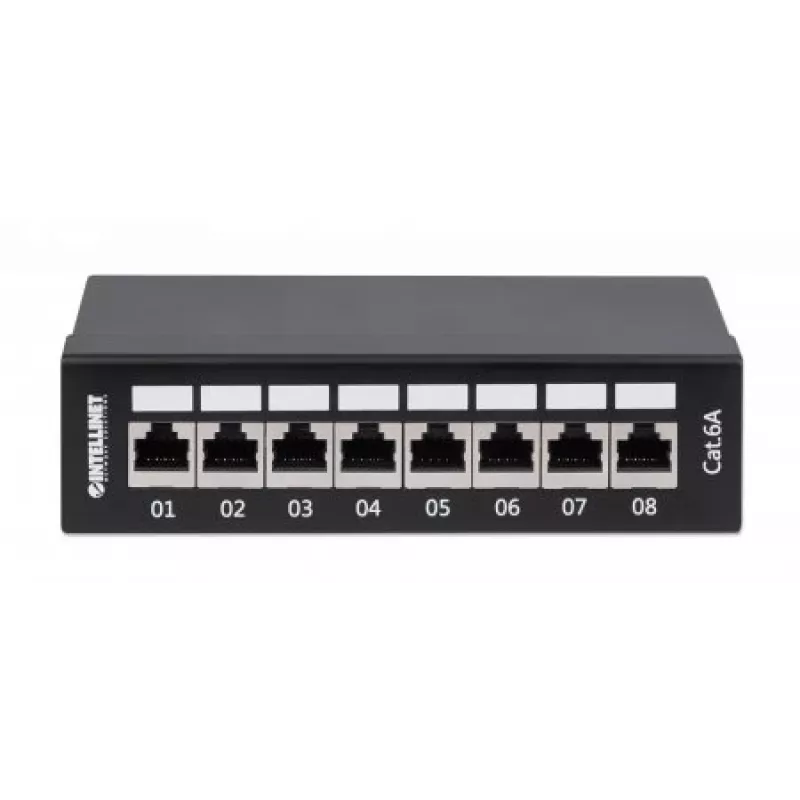 Intellinet Patch Panel, Cat6a, FTP, 8-Port, Desktop, Shielded, 90° Top-Entry Punch Down Blocks, Black