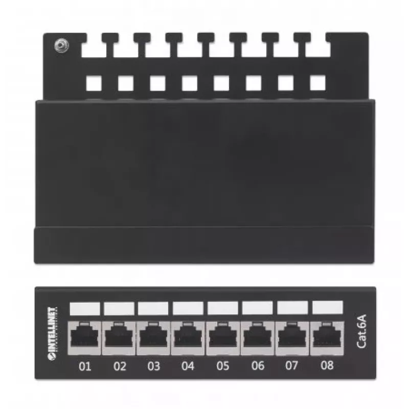Intellinet Patch Panel, Cat6a, FTP, 8-Port, Desktop, Shielded, 90° Top-Entry Punch Down Blocks, Black