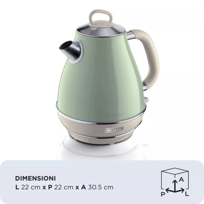 Ariete 2869 Vintage Electric Kettle, Stainless Steel, 1.7 L, Auto Shut Off, 2000 W, for Water, Tea and Herbal Drinks, Pastel Green
