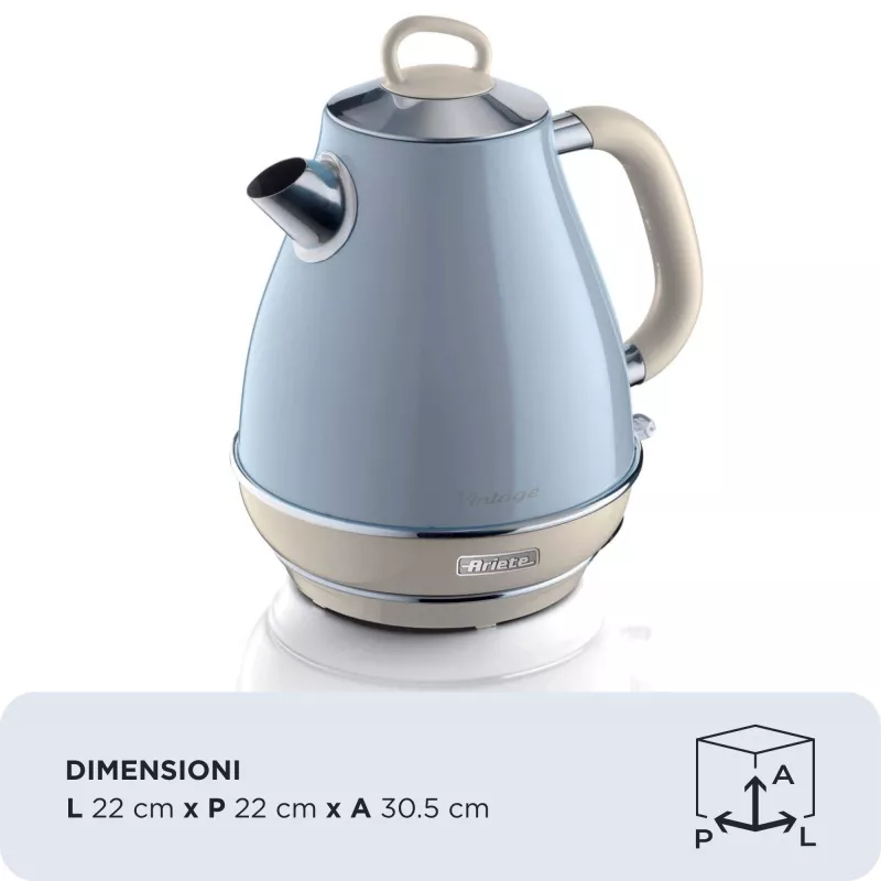 Ariete 2869 Vintage Electric Kettle, Stainless Steel, 1.7 L, Auto Shut Off, 2000 W, for Water, Tea and Herbal Drinks, Pastel Blue