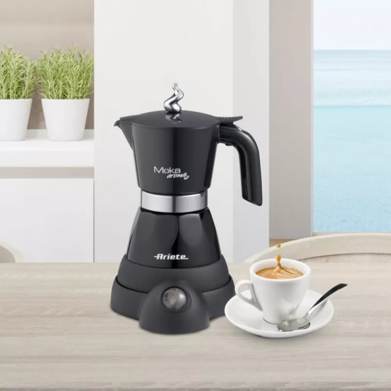 Ariete 1368 Moka Aroma, Electric Moka Pot, 4/6 cups, 480 W, Auto Shut Off, Maintains Temperature at 30 degrees, Black