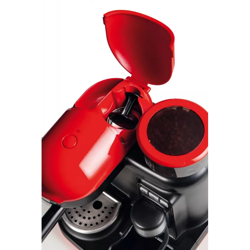 Ariete 1318 Moderna Espresso Machine with Integrated Coffee Grinder, For Coffee Beans and Ground Coffee, Milk Frothing Cappuccino Maker, 1 and 2 Cup Filter, 1080 W, 800 cc, Red