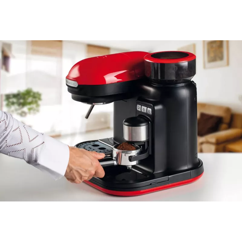Ariete 1318 Moderna Espresso Machine with Integrated Coffee Grinder, For Coffee Beans and Ground Coffee, Milk Frothing Cappuccino Maker, 1 and 2 Cup Filter, 1080 W, 800 cc, Red