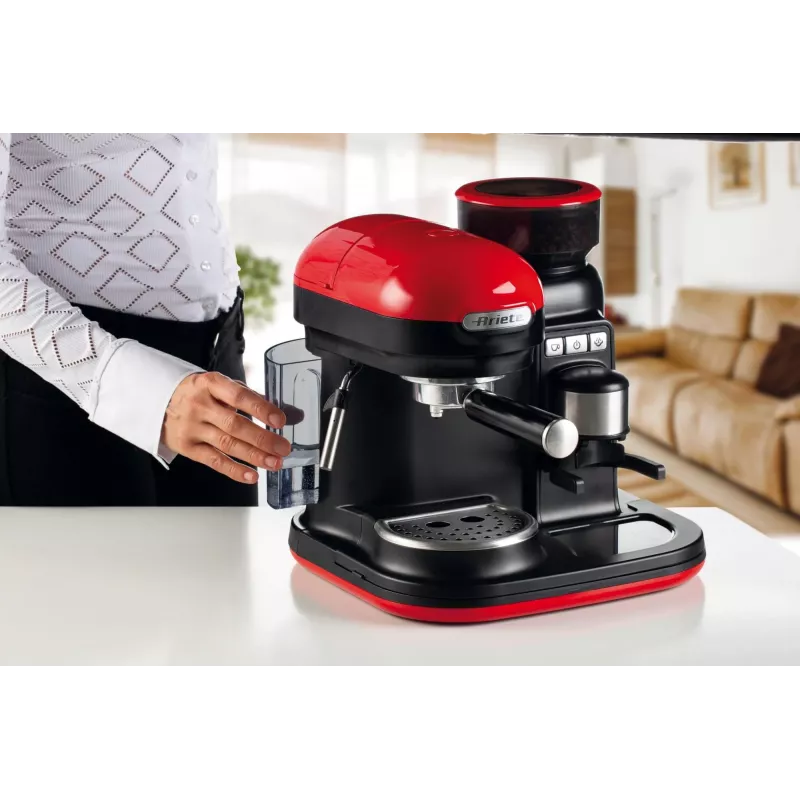 Ariete 1318 Moderna Espresso Machine with Integrated Coffee Grinder, For Coffee Beans and Ground Coffee, Milk Frothing Cappuccino Maker, 1 and 2 Cup Filter, 1080 W, 800 cc, Red