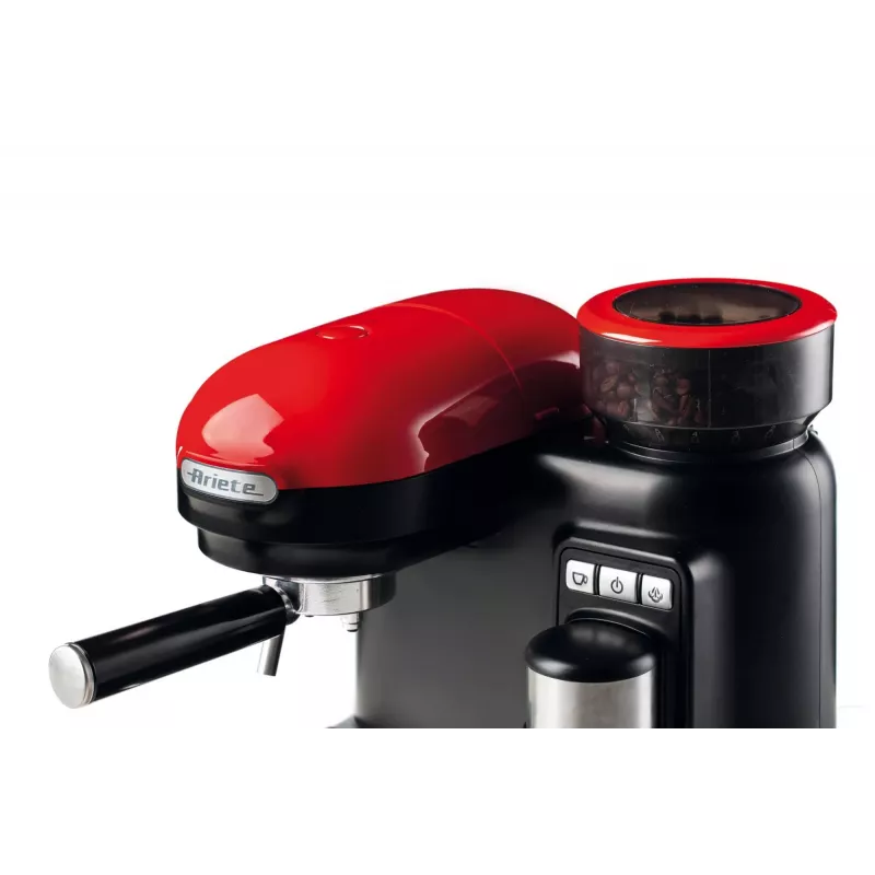 Ariete 1318 Moderna Espresso Machine with Integrated Coffee Grinder, For Coffee Beans and Ground Coffee, Milk Frothing Cappuccino Maker, 1 and 2 Cup Filter, 1080 W, 800 cc, Red