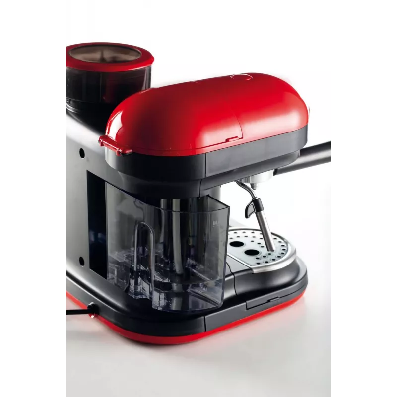 Ariete 1318 Moderna Espresso Machine with Integrated Coffee Grinder, For Coffee Beans and Ground Coffee, Milk Frothing Cappuccino Maker, 1 and 2 Cup Filter, 1080 W, 800 cc, Red
