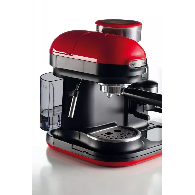 Ariete 1318 Moderna Espresso Machine with Integrated Coffee Grinder, For Coffee Beans and Ground Coffee, Milk Frothing Cappuccino Maker, 1 and 2 Cup Filter, 1080 W, 800 cc, Red