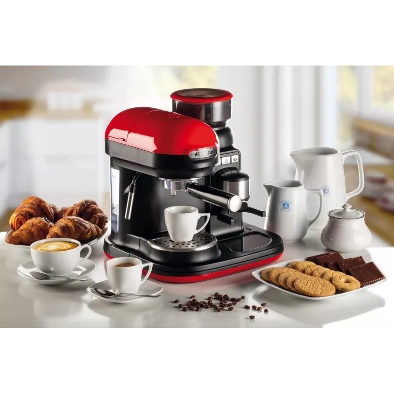 Ariete 1318 Moderna Espresso Machine with Integrated Coffee Grinder, For Coffee Beans and Ground Coffee, Milk Frothing Cappuccino Maker, 1 and 2 Cup Filter, 1080 W, 800 cc, Red