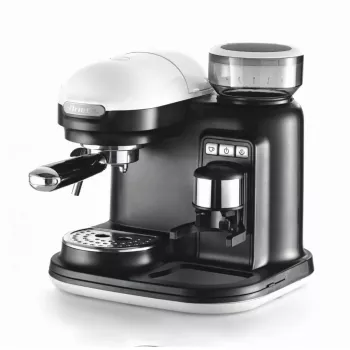 Ariete 1318 Moderna Espresso Machine with Integrated Coffee Grinder, For Coffee Beans and Ground Coffee, Milk Frothing Cappuccino Maker, 1 and 2 Cup Filter, 1080 W, 800 cc, White