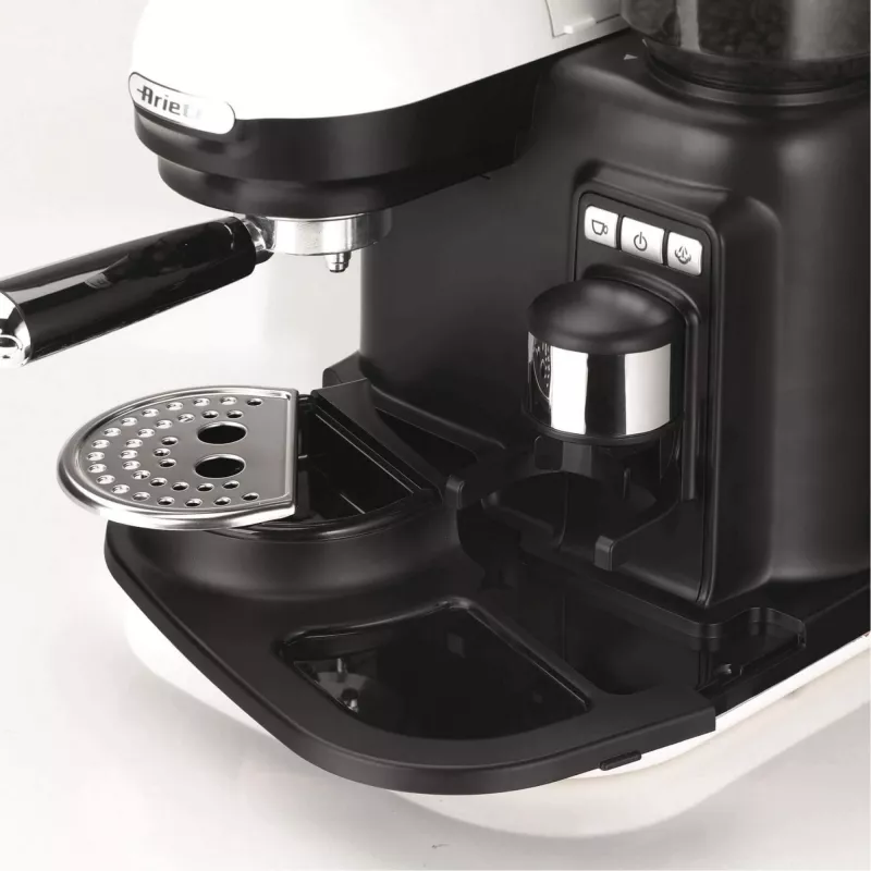 Ariete 1318 Moderna Espresso Machine with Integrated Coffee Grinder, For Coffee Beans and Ground Coffee, Milk Frothing Cappuccino Maker, 1 and 2 Cup Filter, 1080 W, 800 cc, White