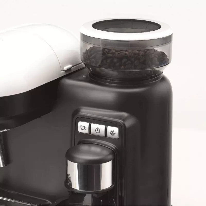 Ariete 1318 Moderna Espresso Machine with Integrated Coffee Grinder, For Coffee Beans and Ground Coffee, Milk Frothing Cappuccino Maker, 1 and 2 Cup Filter, 1080 W, 800 cc, White