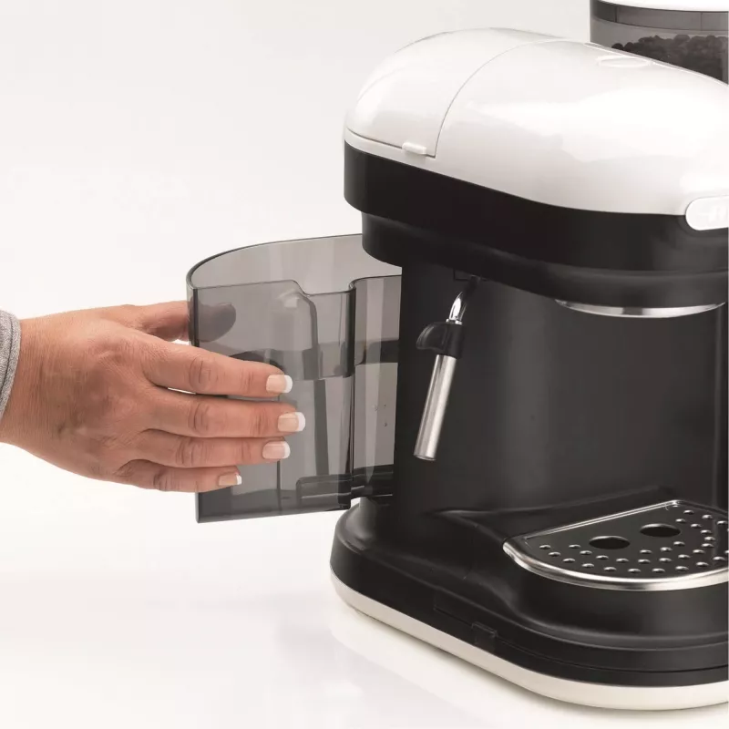 Ariete 1318 Moderna Espresso Machine with Integrated Coffee Grinder, For Coffee Beans and Ground Coffee, Milk Frothing Cappuccino Maker, 1 and 2 Cup Filter, 1080 W, 800 cc, White