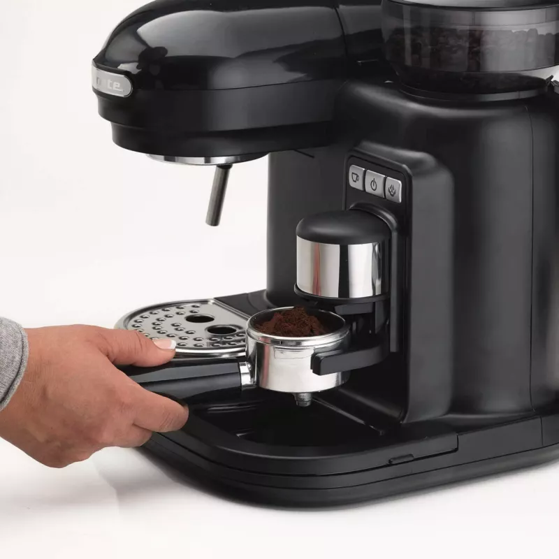 Ariete 1318 Moderna Espresso Machine with Integrated Coffee Grinder, For Coffee Beans and Ground Coffee, Milk Frothing Cappuccino Maker, 1 and 2 Cup Filter, 1080 W, 800 cc, Black