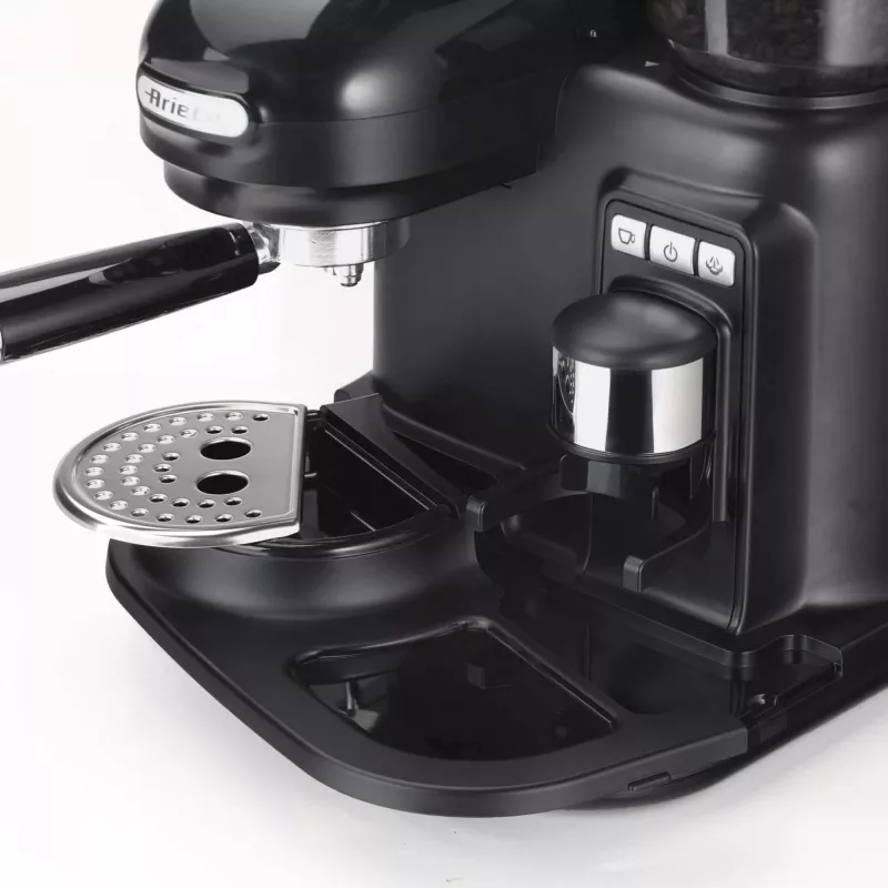 Ariete 1318 Moderna Espresso Machine with Integrated Coffee Grinder, For Coffee Beans and Ground Coffee, Milk Frothing Cappuccino Maker, 1 and 2 Cup Filter, 1080 W, 800 cc, Black