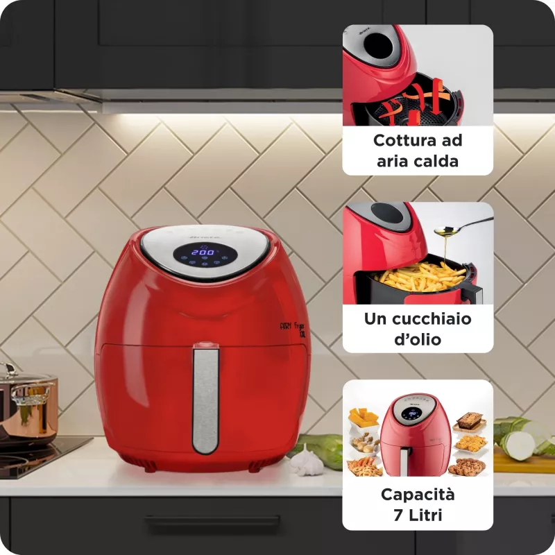 Ariete 4618 Airy Fryer XXL - Air Fryer - Fry 2.5 kg of French Fries - 7Liters - Cooking Without Oil and Fat - 1800 Watt - Red