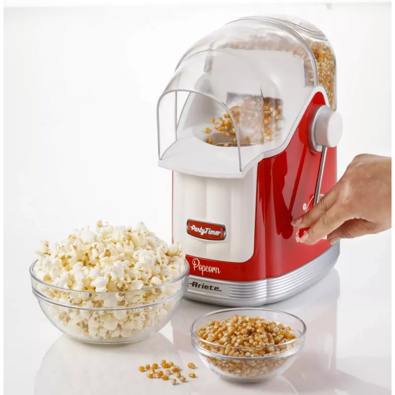 Ariete 2958 Pop Corn Maker Party Time, Popcorn Maker with Lever, 1100 Watt, Capacity 600 g, Fat Free Hot Air Cooking, Red