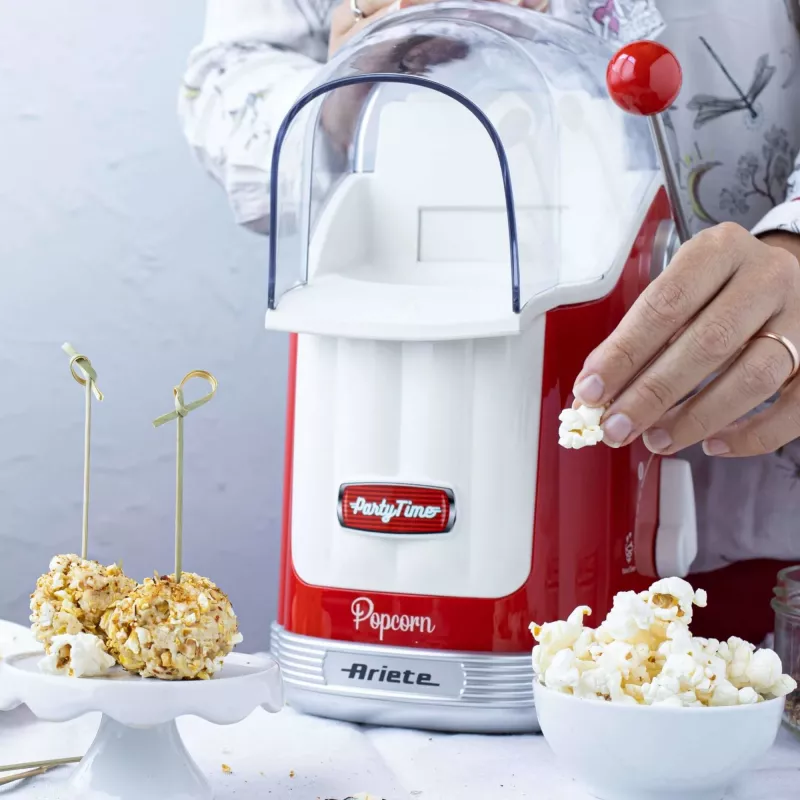 Ariete 2958 Pop Corn Maker Party Time, Popcorn Maker with Lever, 1100 Watt, Capacity 600 g, Fat Free Hot Air Cooking, Red