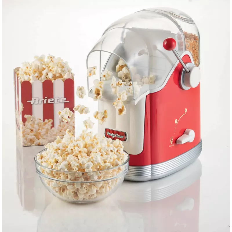 Ariete 2958 Pop Corn Maker Party Time, Popcorn Maker with Lever, 1100 Watt, Capacity 600 g, Fat Free Hot Air Cooking, Red