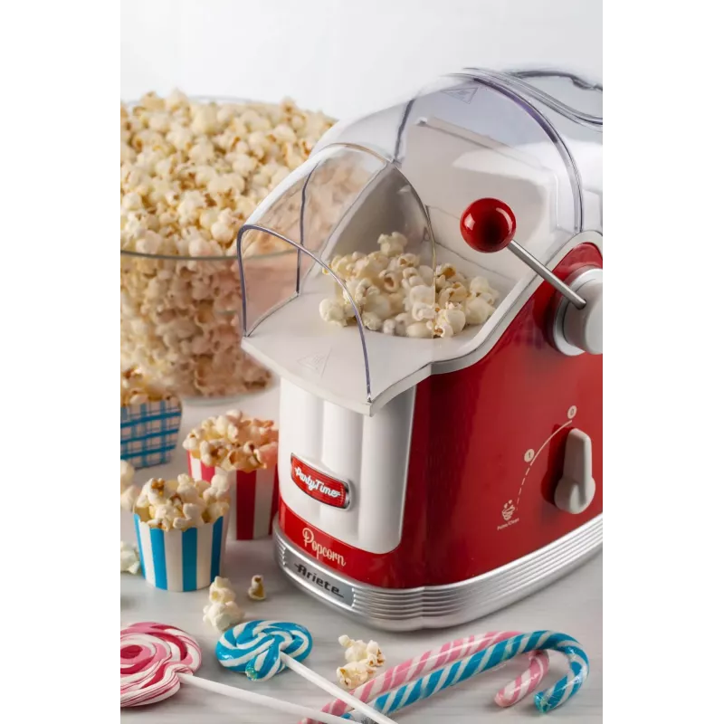 Ariete 2958 Pop Corn Maker Party Time, Popcorn Maker with Lever, 1100 Watt, Capacity 600 g, Fat Free Hot Air Cooking, Red