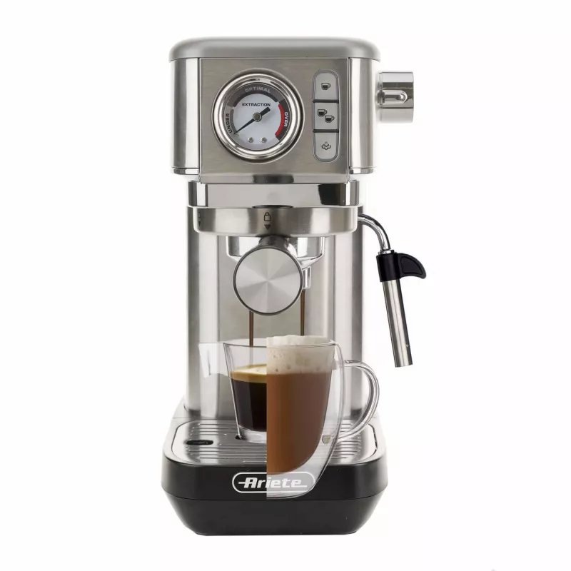 Ariete 1381 Coffee machine with pressure gauge, compatible with ground coffee and ESE pods, 1300 W, 1.1 L capacity, 15 bar pressure, ½ cup filter, Cappuccino device, Silver