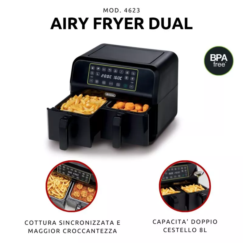 Ariete 4623 Airy Fryer Dual, Air fryer with double basket, 1700 W, 8L capacity, 3 cooking functions, Digital LED Touch panel, 8 preset programs, Timer, 2 baskets, Black