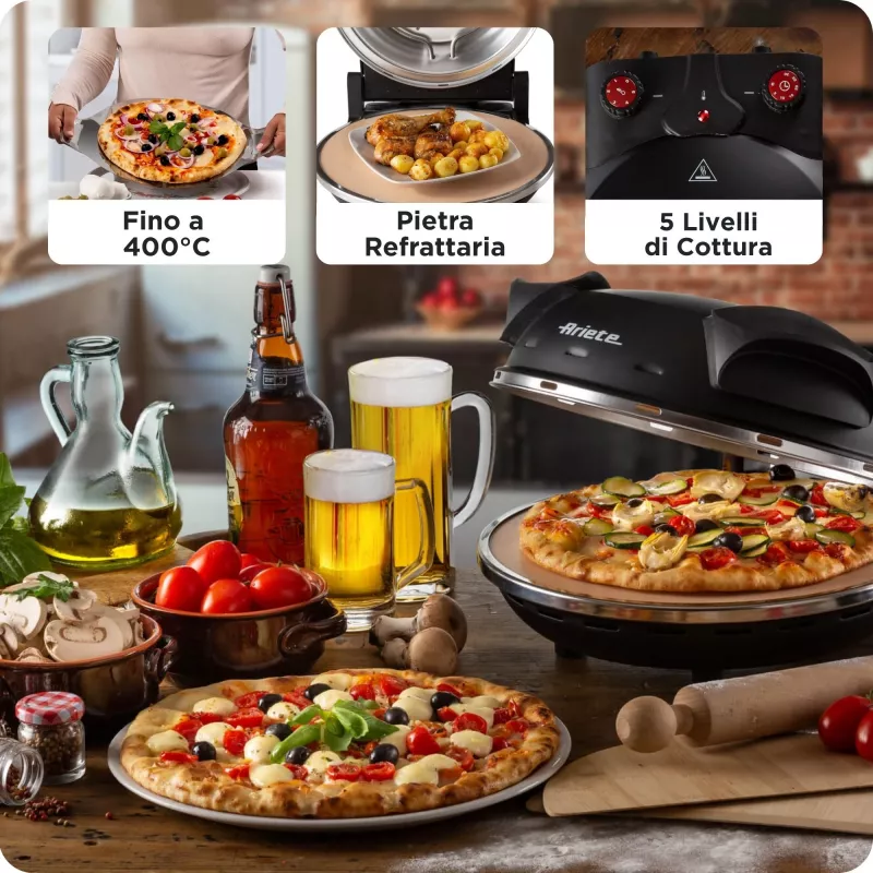 Ariete 917 Pizza Oven - Pizza in 4 minutes - Refractory stone plate with non-stick treatment - Max temperature 400 ° - 1200 Watt - Timer 30 '- Black