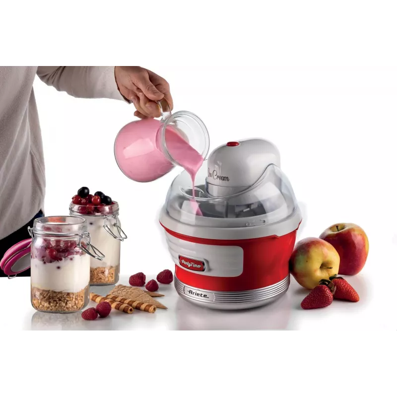 Ariete 643 Ice Cream Maker Party Time, Ice cream making machine, 12W, 1.5 L capacity, Removable basket with double insulation, Preparation time 30 minutes, Lid for adding ingredients, Red
