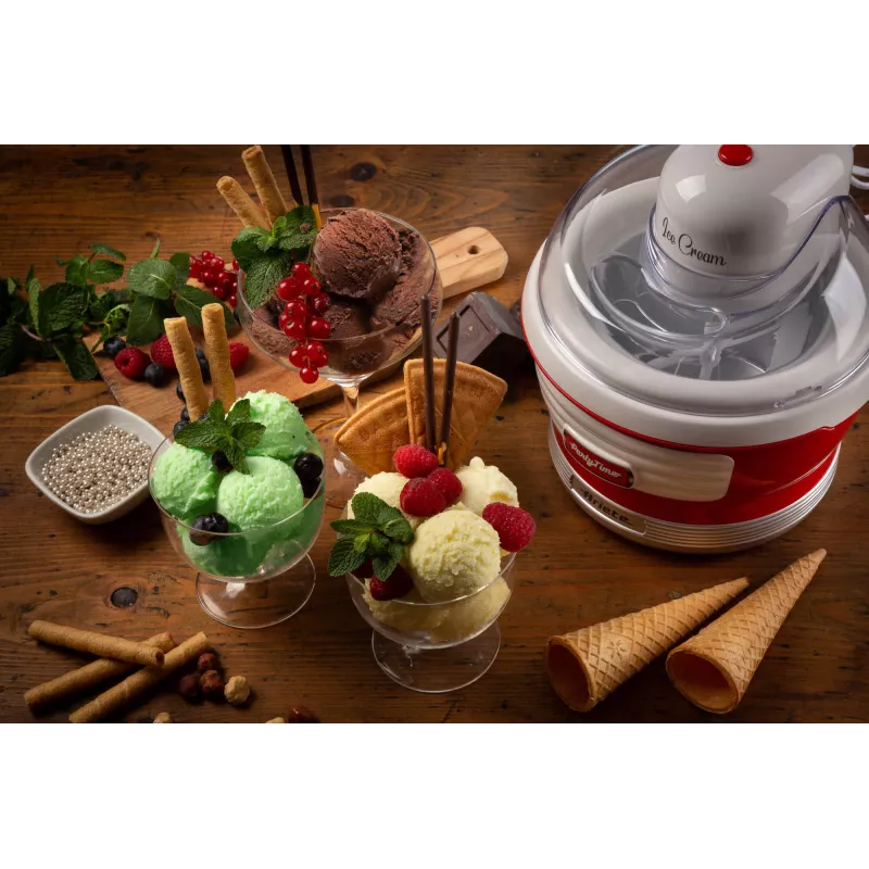 Ariete 643 Ice Cream Maker Party Time, Ice cream making machine, 12W, 1.5 L capacity, Removable basket with double insulation, Preparation time 30 minutes, Lid for adding ingredients, Red