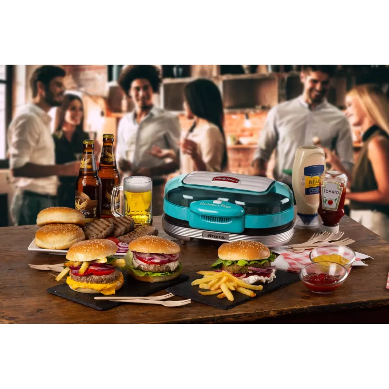 Ariete 205 Hamburger Maker Party Time, Hamburger making machine, 1200 W, Double non-stick plates, 2 compartments, Easy to clean, blue