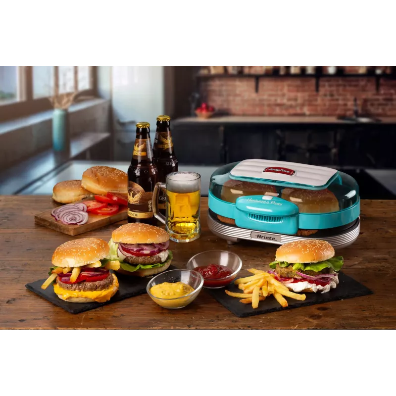 Ariete 205 Hamburger Maker Party Time, Hamburger making machine, 1200 W, Double non-stick plates, 2 compartments, Easy to clean, blue