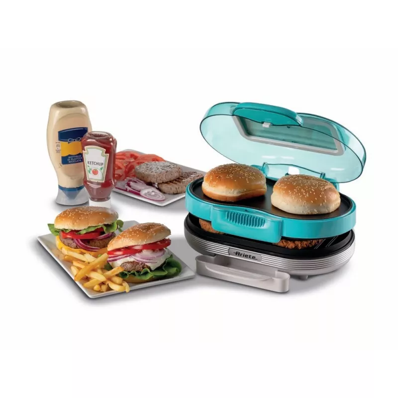Ariete 205 Hamburger Maker Party Time, Hamburger making machine, 1200 W, Double non-stick plates, 2 compartments, Easy to clean, blue