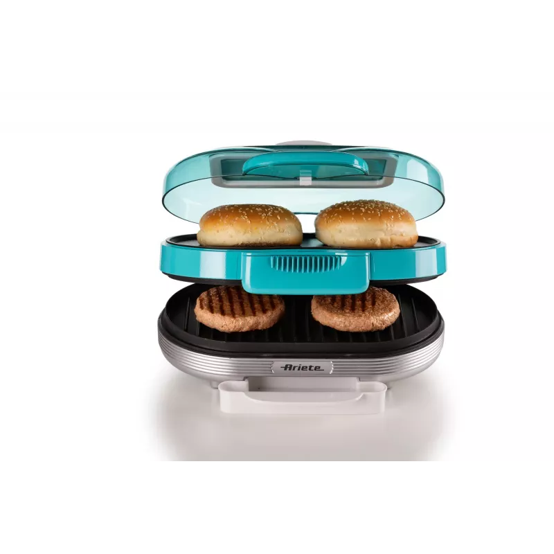 Ariete 205 Hamburger Maker Party Time, Hamburger making machine, 1200 W, Double non-stick plates, 2 compartments, Easy to clean, blue