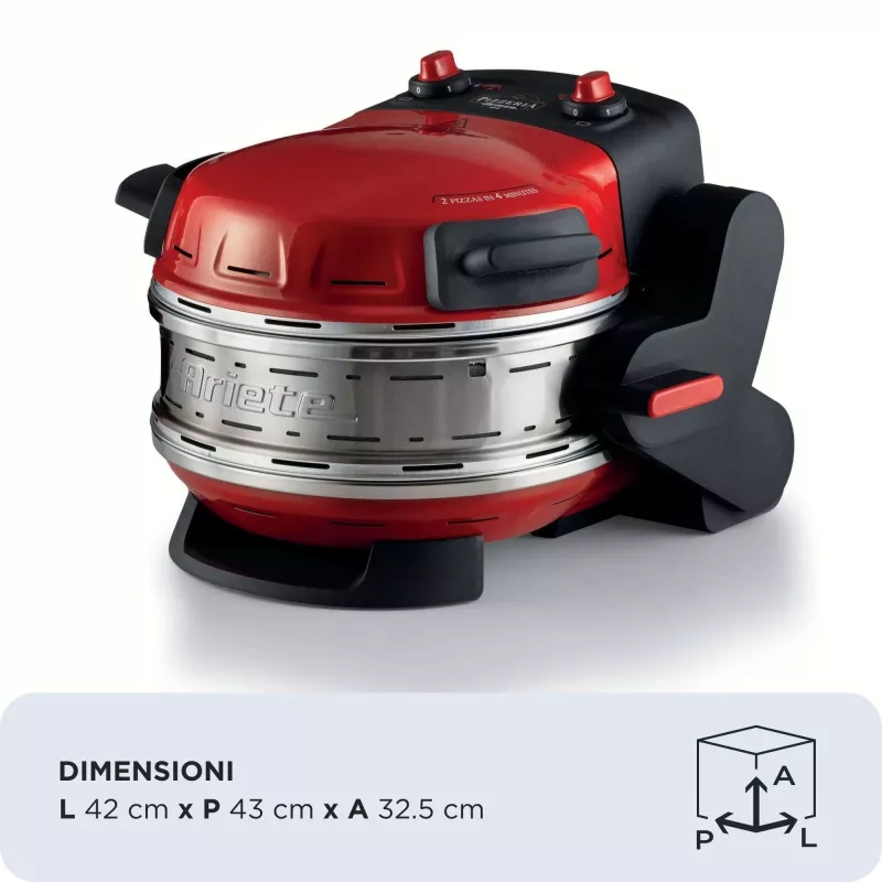 Ariete 927 Pizzeria , Double pizza oven, 2 pizzas in 4 minutes, 2300 W, 2 refractory stones, 2 thermostats, Diameter 32 cm, 5 cooking levels, 2 stainless steel paddles, Red