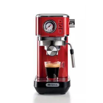 Ariete Moderna Line 1381 Coffee machine with pressure gauge, compatible with ground coffee and ESE pods, 1300 W, 1.1 L capacity, 15 bar pressure, ½ cup filter, Cappuccino device, Red