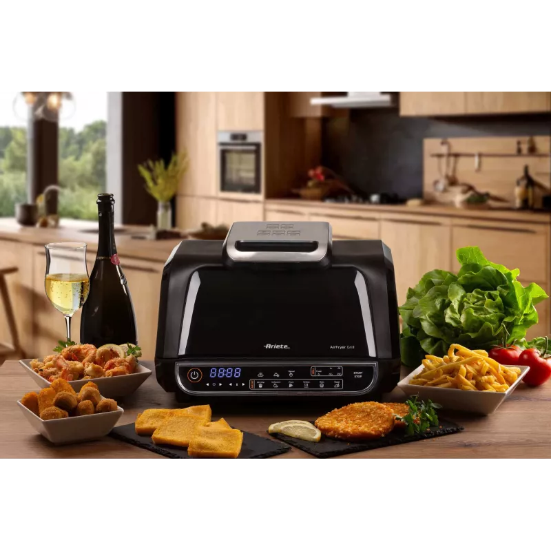 Ariete 4635 Air Fryer Grill, Air Fryer and Grill, Steak Grill, 1700W, Capacity 8L, Frying and Grilling, 8 cooking functions, Timer, Black