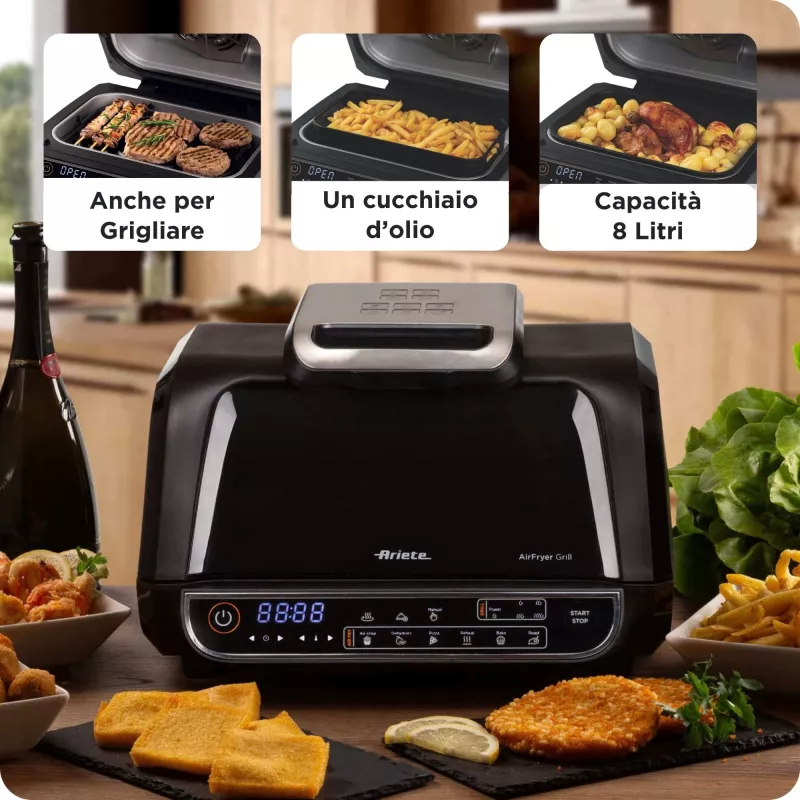 Ariete 4635 Air Fryer Grill, Air Fryer and Grill, Steak Grill, 1700W, Capacity 8L, Frying and Grilling, 8 cooking functions, Timer, Black