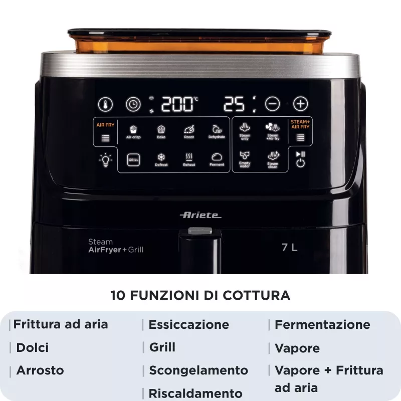 Ariete 4636 Air fryer with steam function + Grill, 1700W, Dehydrating function, 10 cooking functions, Transparent basket, Timer, Black