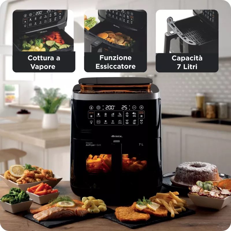 Ariete 4636 Air fryer with steam function + Grill, 1700W, Dehydrating function, 10 cooking functions, Transparent basket, Timer, Black