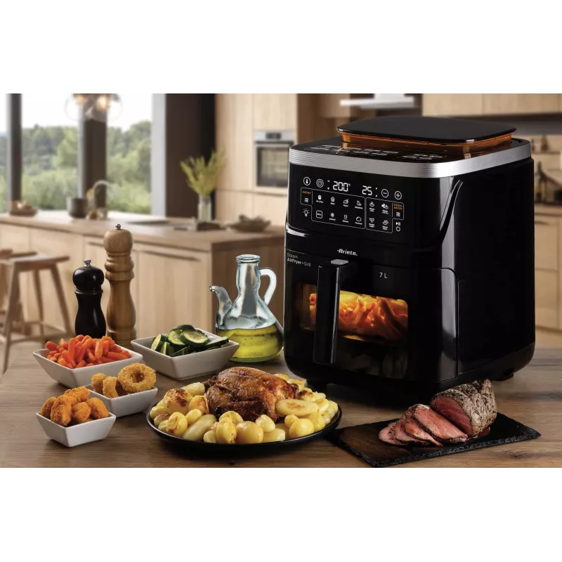 Ariete 4636 Air fryer with steam function + Grill, 1700W, Dehydrating function, 10 cooking functions, Transparent basket, Timer, Black