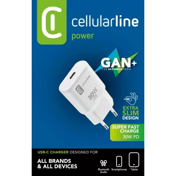 Cellularline GAN Wall Charger USB-C 30W PD USB-C 30W PD Wall Charger with GaN Technology