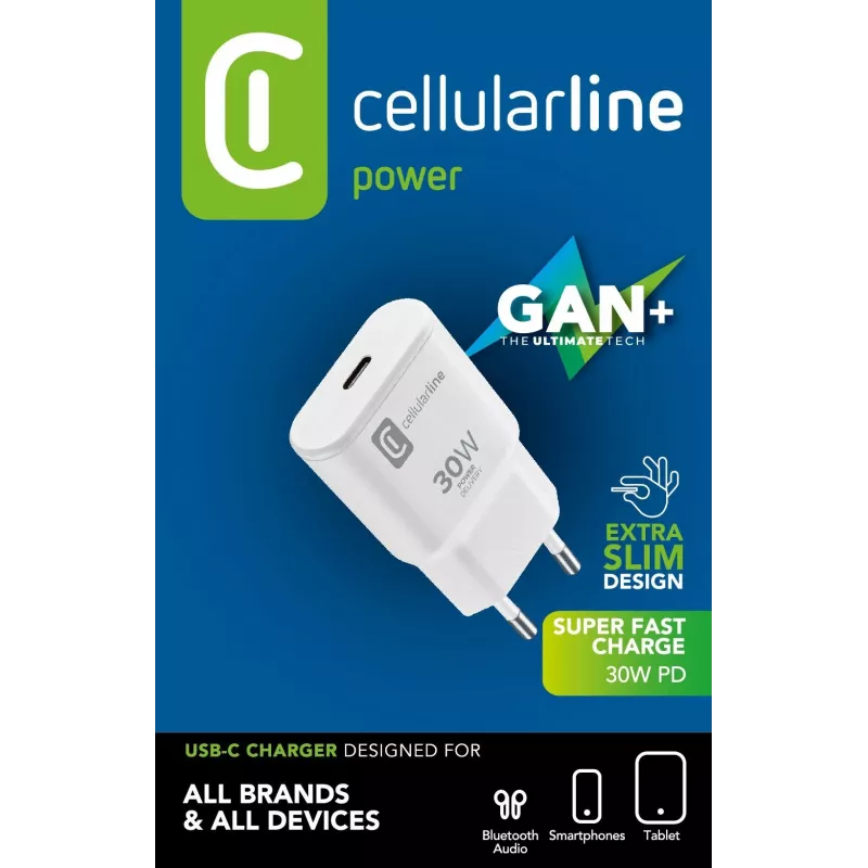 Cellularline GAN Wall Charger USB-C 30W PD USB-C 30W PD Wall Charger with GaN Technology