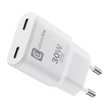 Cellularline GAN Wall Charger 2xUSB-C 30W PD 2xUSB-C 30W PD Wall Charger with GaN Technology