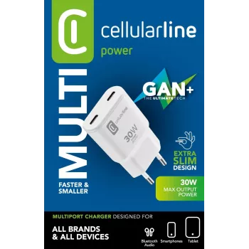 Cellularline GAN Wall Charger 2xUSB-C 30W PD 2xUSB-C 30W PD Wall Charger with GaN Technology