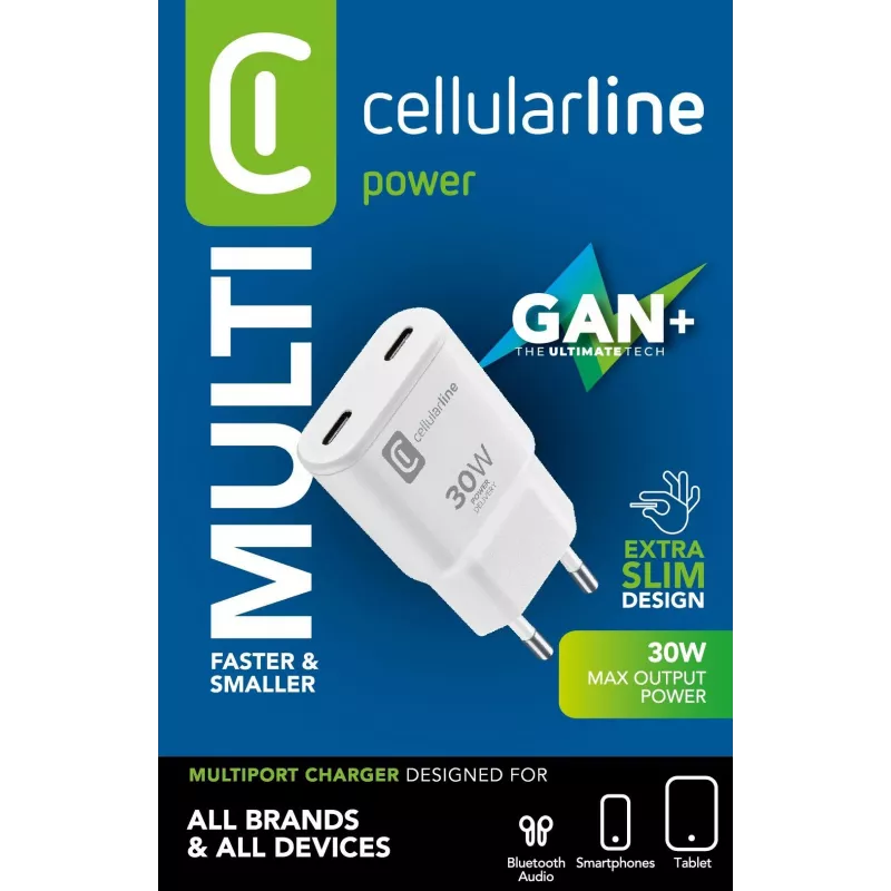 Cellularline GAN Wall Charger 2xUSB-C 30W PD 2xUSB-C 30W PD Wall Charger with GaN Technology