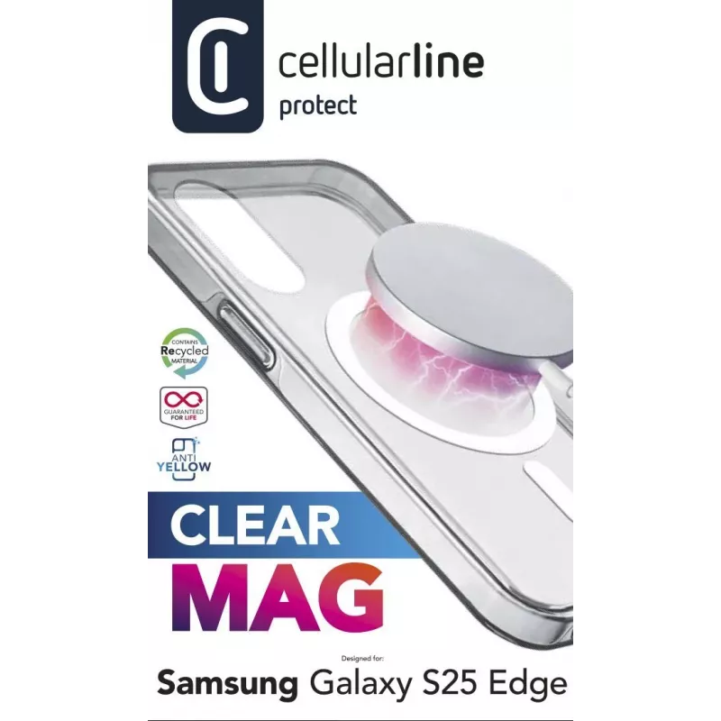 Cellularline Clear Mag - Galaxy S25 Edge Ultra-resistant transparent case with rubber edge, compatible with the Qi2 ecosystem and magnetic accessories, treated to prevent yellowing.