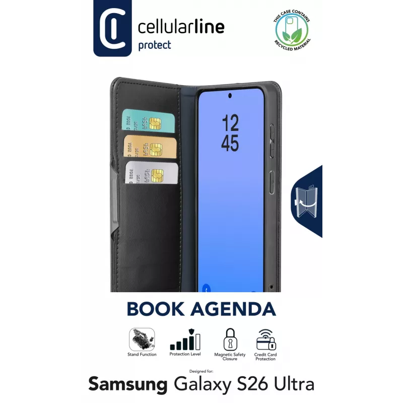 Cellularline Book Agenda - Galaxy S26 Ultra Book-style case with faux leather finish, magnetic closure, RFID protection and stand function.