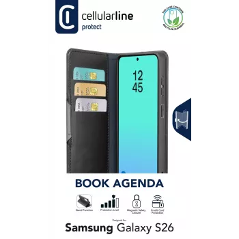 Cellularline Book Agenda - Galaxy S26 Book-style case with faux leather finish, magnetic closure, RFID protection and stand function.