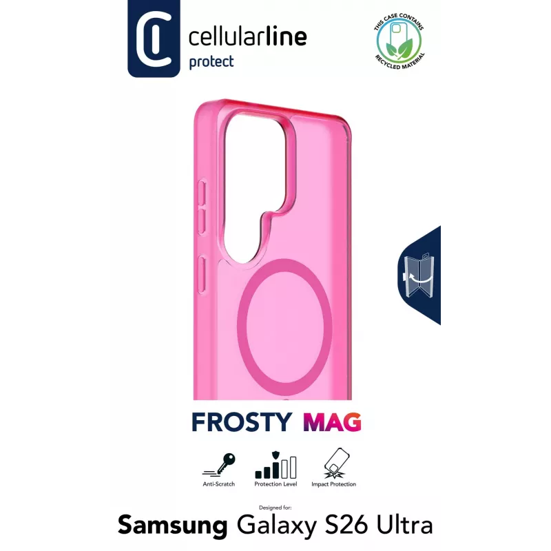 Cellularline FROSTY MAG - Galaxy S26 Ultra Semi-transparent case with matte finish and colored edges, compatible with the Qi2 ecosystem and magnetic accessories for Samsung.