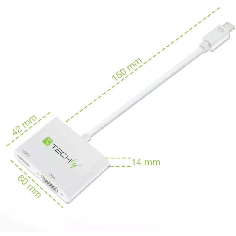 Techly Mini DisplayPort to HDMI/VGA Adapter, 0.15 m, Mini DisplayPort, HDMI + VGA (D-Sub), Male, Female, 1920 x 1200 pixels