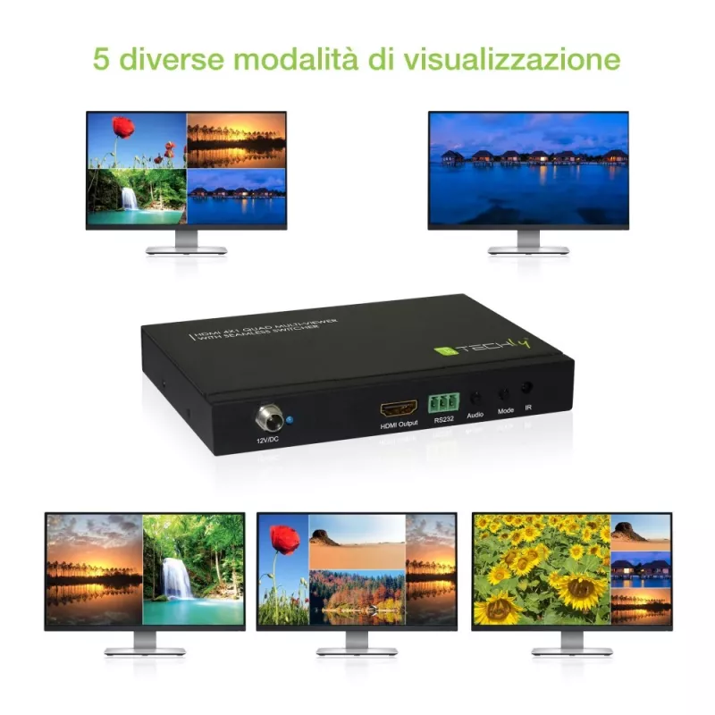 Techly HDMI 4x1 Multi-viewer with seamless switcher, HDMI, Metal, Black, 60 Hz, 1080p, 2.25 Gbit/s